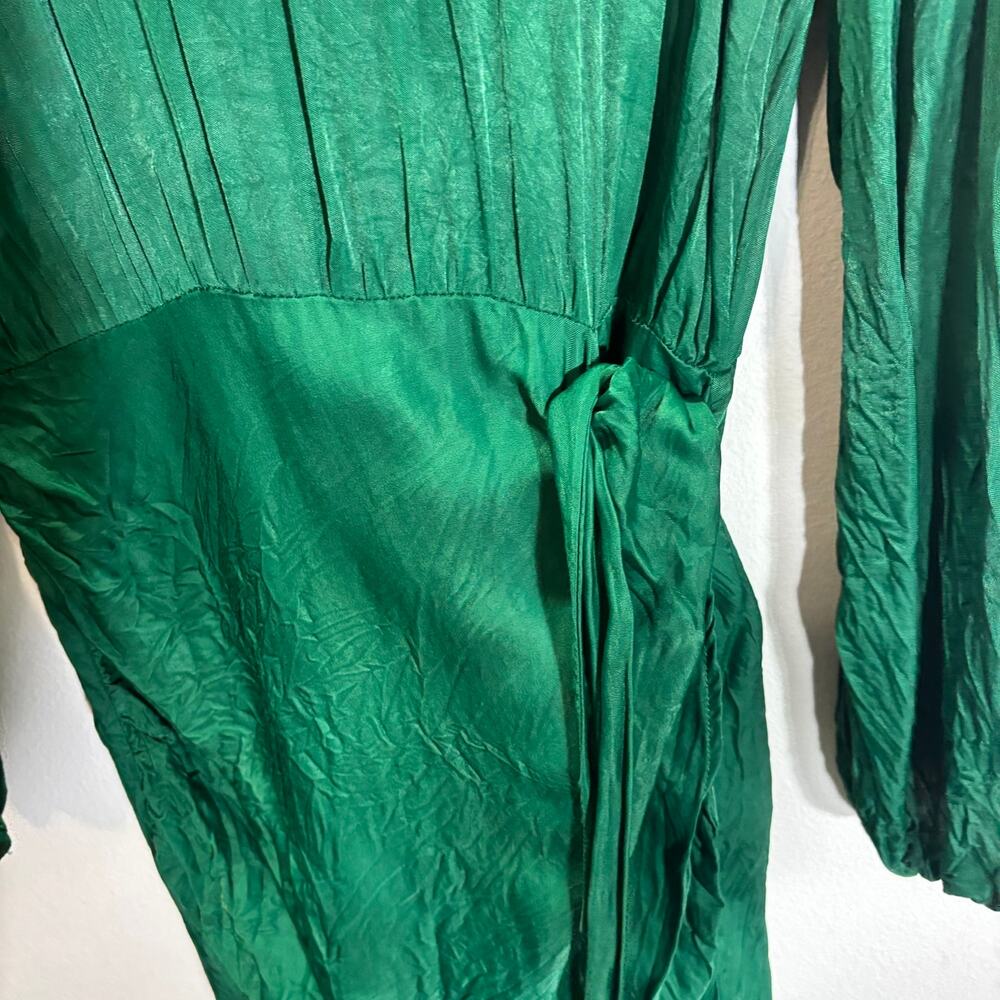 Zara Green Long Sleeve Midi Dress Tie Waist Pleated Mock Neck Size S - Picture 2 of 8